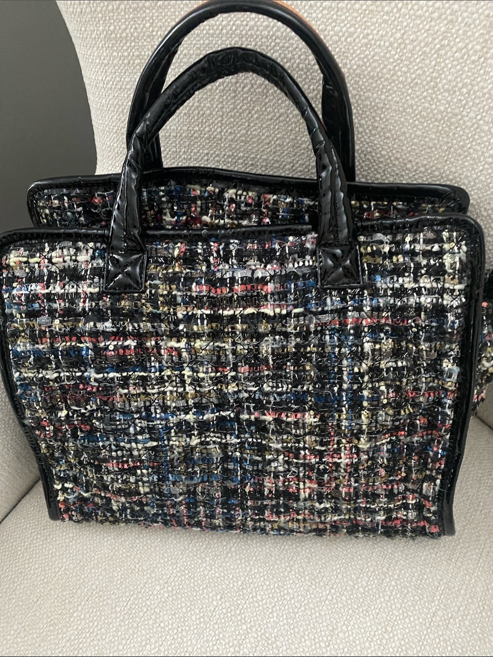 MZ Wallace Medium Box Tote in a multicolored tweed fabric also a crossbody